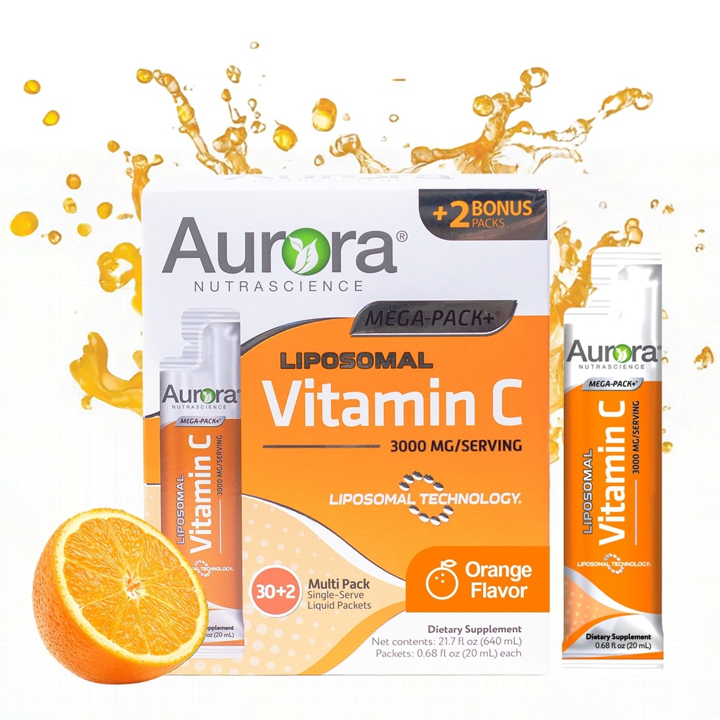 Aurora Nutrascience Liposomální tekutý vitamin C - Zdravý doplněk imunitní podpory pro dospělé, bez cukru, 3000 mg na servírování, Vegan, Gluten Free, Non- GMO - 32 Single Serve Packets, Orange