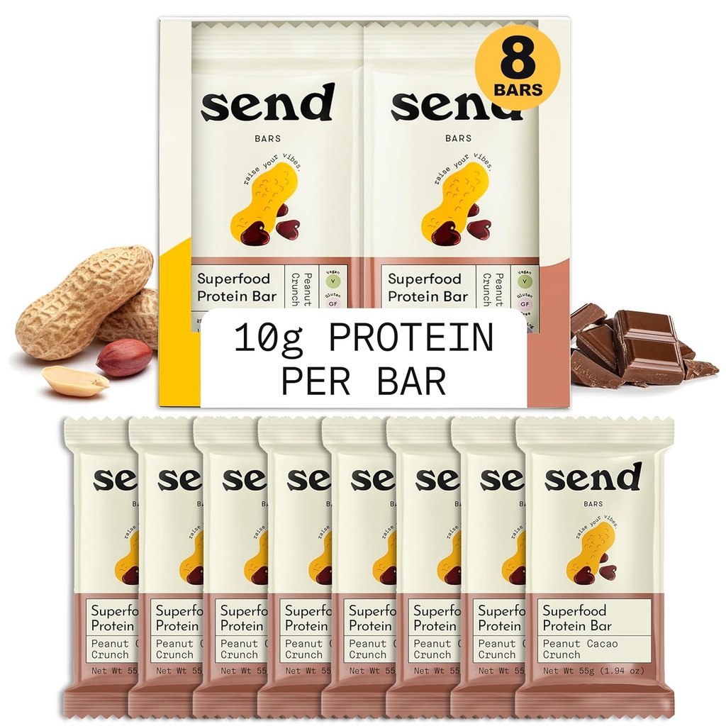 Poslat bary Plant- based Vegan zdravé proteinové bary, se zelenými (Peanut Cacao Crunch, 8 Bary) - Pouze skutečné ingredience, Zero přidaný cukr, gluten- Free, Dairy- Free