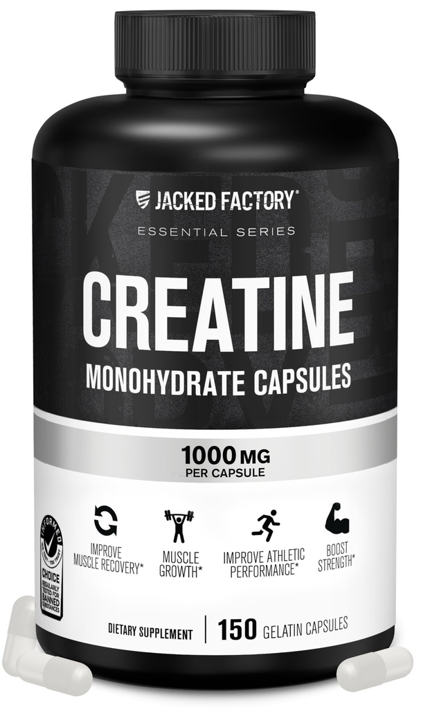 Jacked Factory Creatine Monohydrát Kapsle - Kreatinové pilulky pro růst svalů, zvýšená síla, zvýšený energetický výstup a lepší atletický výkon - 150 Kapsle