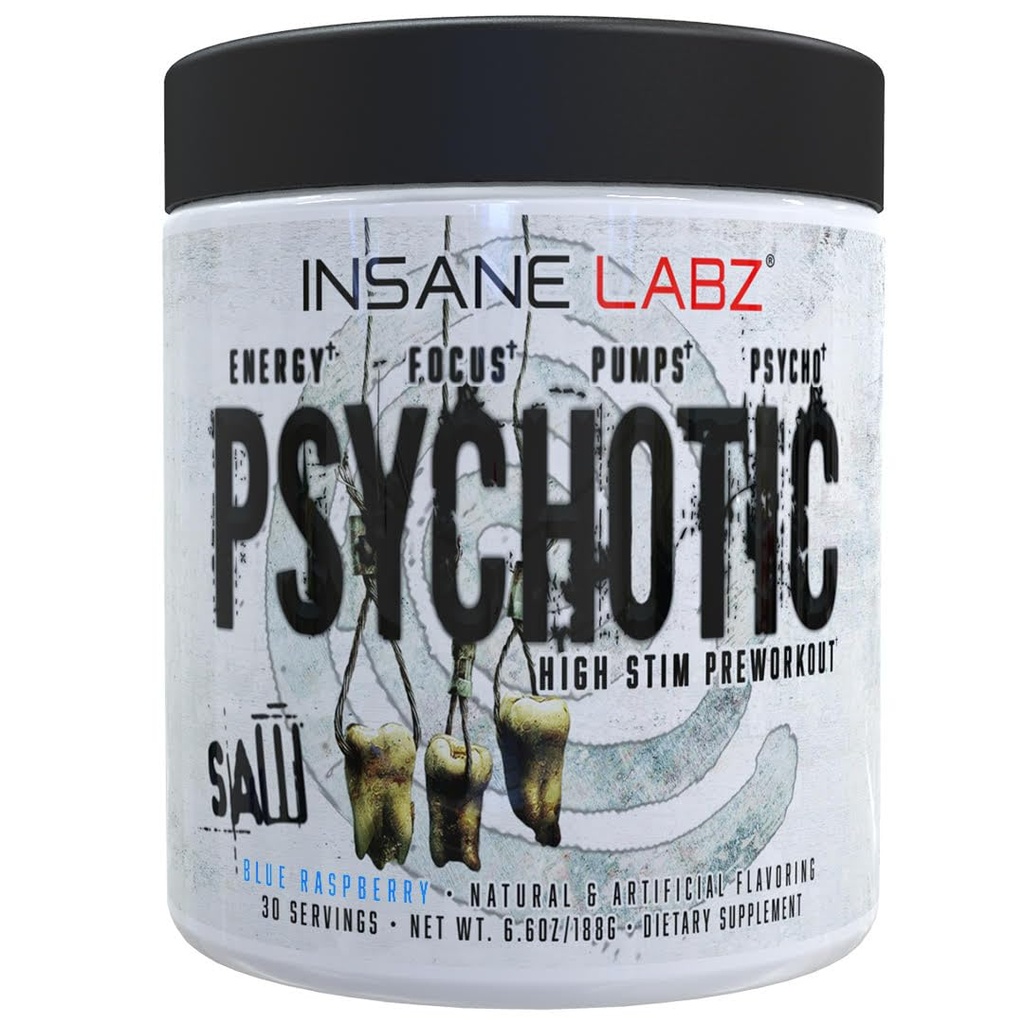 Šílený Labz Psychotic Saw, High Stim Pre Workout Powder s OxyGold IR ™ a AMPiberry ®, Extrémní energie při přežívání s Teacrine ®, Focus with CognitIQ ® and Endurance (30 Služeb (balení 1), Blue Raspberry)