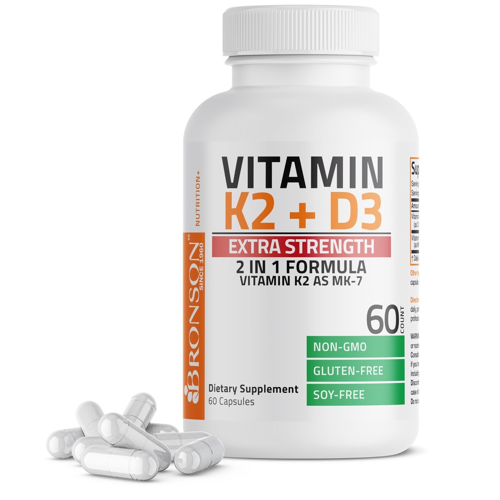 Bronson Vitamin K2 (MK7) s D3 Extra Strength Supplement Bone Health Non- GMO Formule 10 000 IU & 120 mcg MK-7 Snadné spolknutí D K, 60 Kapsle