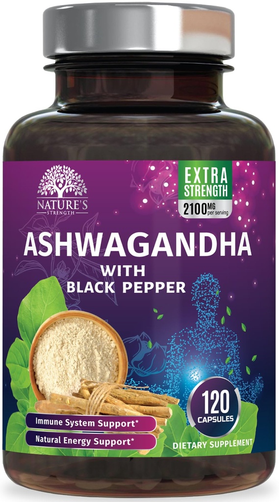 Ashwagandha doplňky 2100mg - Extra síla Ashwagandha prášek & kořenový extrakt s černým pepřem pro Max Absorpce, bylinné antioxidační doplňky pro ženy a muže, Vegan, Non- GMO - 120 Kapsle