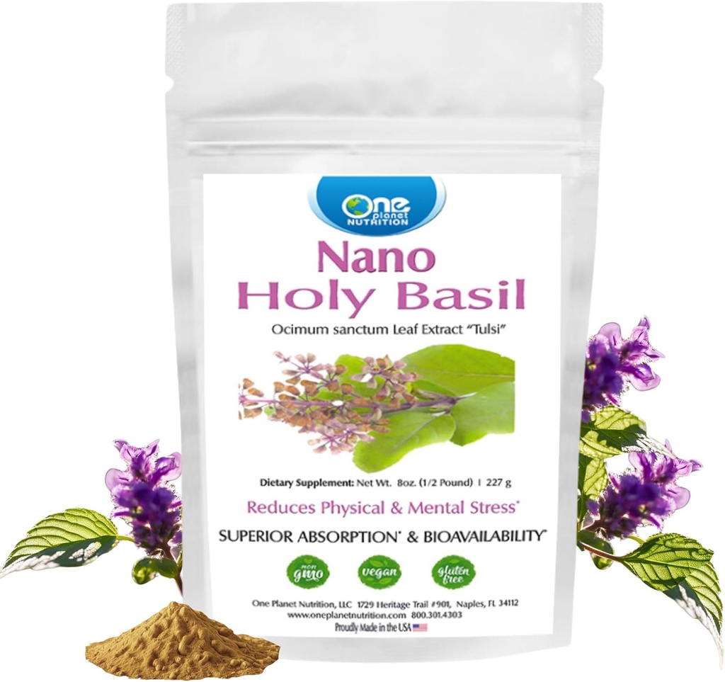 One Planet Nutrition Nano Holy Basil Powder 8 oz (227 Servings), Tulsi, Nano pro zlepšení absorpce, podporuje Stress Relief & Imunitation Support, Non- GMO, Vegan, gluten zdarma