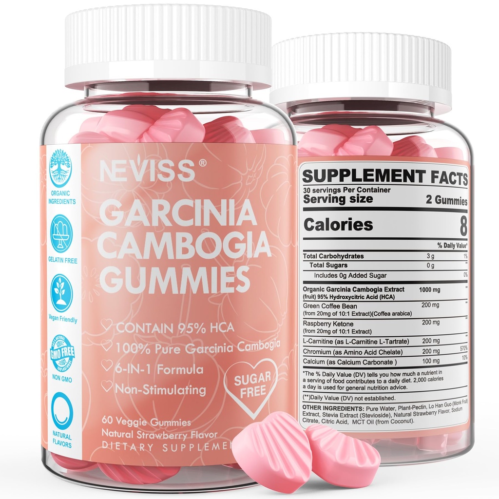 Sugar Free Garcinia Cambogia Gummies 1000mg 95% HCA čistý extrakt s L- karnitin, Malina keton, chrom, Green Coffee Bean pro metabolismus, 100% organický extrakt, Vegan, Jahodový flavor 60 Cts