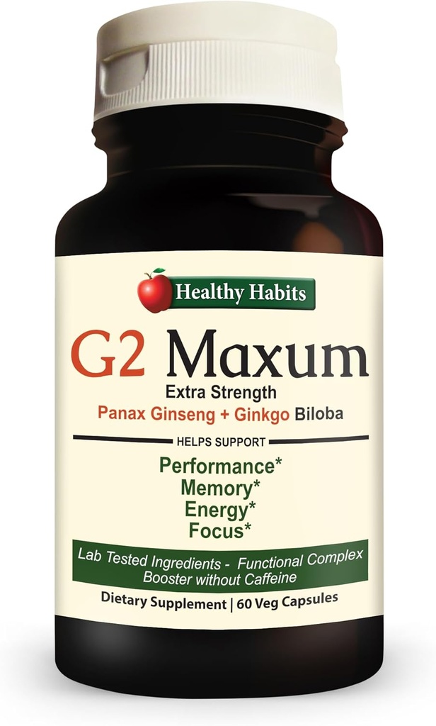 Zdravé návyky G2 Maxum Extra Síla Panax Ginseng Plus Ginkgo Biloba Směs na podporu energie a kognitivní funkce 60 Veg Kapsle na láhev