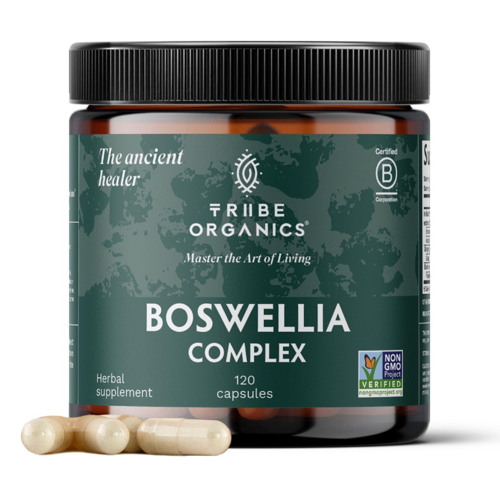 TRIBE ORGANICS Boswellia Serrata Komplexní dodatek pro společnou podporu, Muscle Relief - Vegetarian Non- GMO 120 Kapsle, vysoká potence - Boswellin Super s Ginger Extract & Black Pepper - 420mg