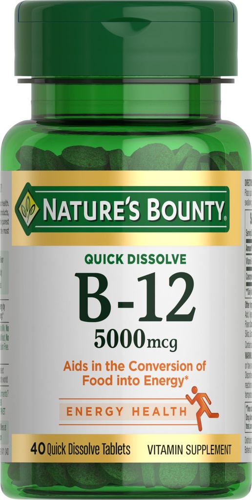 Nature 's Bounty Vitamin B12, Podporuje energetický metabolismus a nervový systém zdraví, 5000mcg, 40 Rychlé rozpuštění tablety