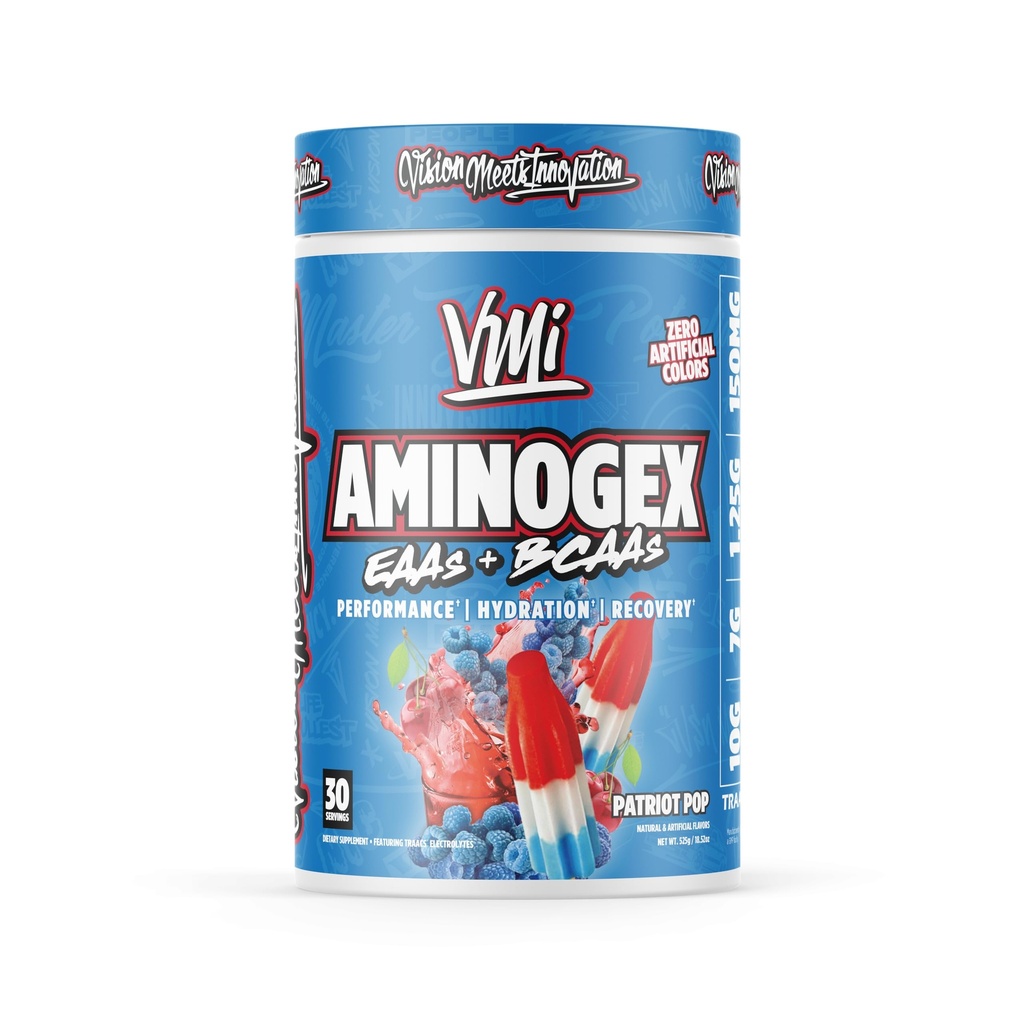 VMI Sports Aminogex Ultra | BCAA Powder | Amino Acids + Betaine and Glutamine | Amino Acid Post Workout Recovery Drink | Intra Workout Drink with Electrolytes | (30 Servings) (Patriot Pop)