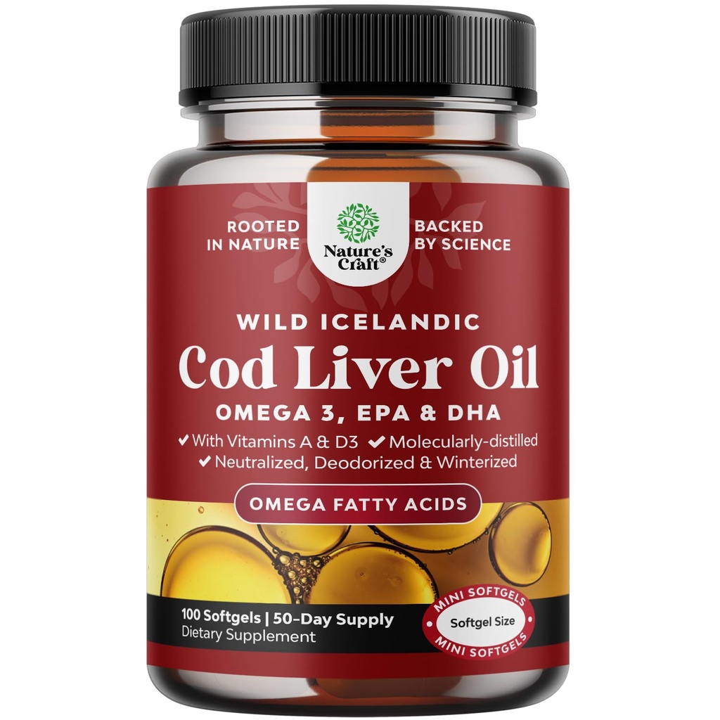 Islandské Wild Cod Equipment Oil Softgels - Fish Omega 3, EPA, DHA, Vitamin D & A, 1000mg per Serving - Neškodné kapsle pro srdce, kloub, Brain & Imunitation Support - 100 Počet