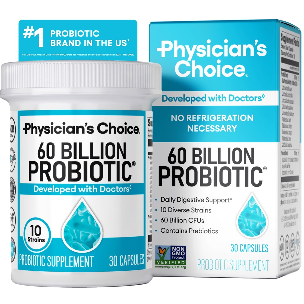 Lékařova volba Probiotika 60 miliard CFU - 10 Strains + Organic Prebiotics - Imunity, Digestive & Gut Health - Podporuje příležitostnou zácpu, Průjem, Plyn & Bloating - pro ženy a muže - 30ct