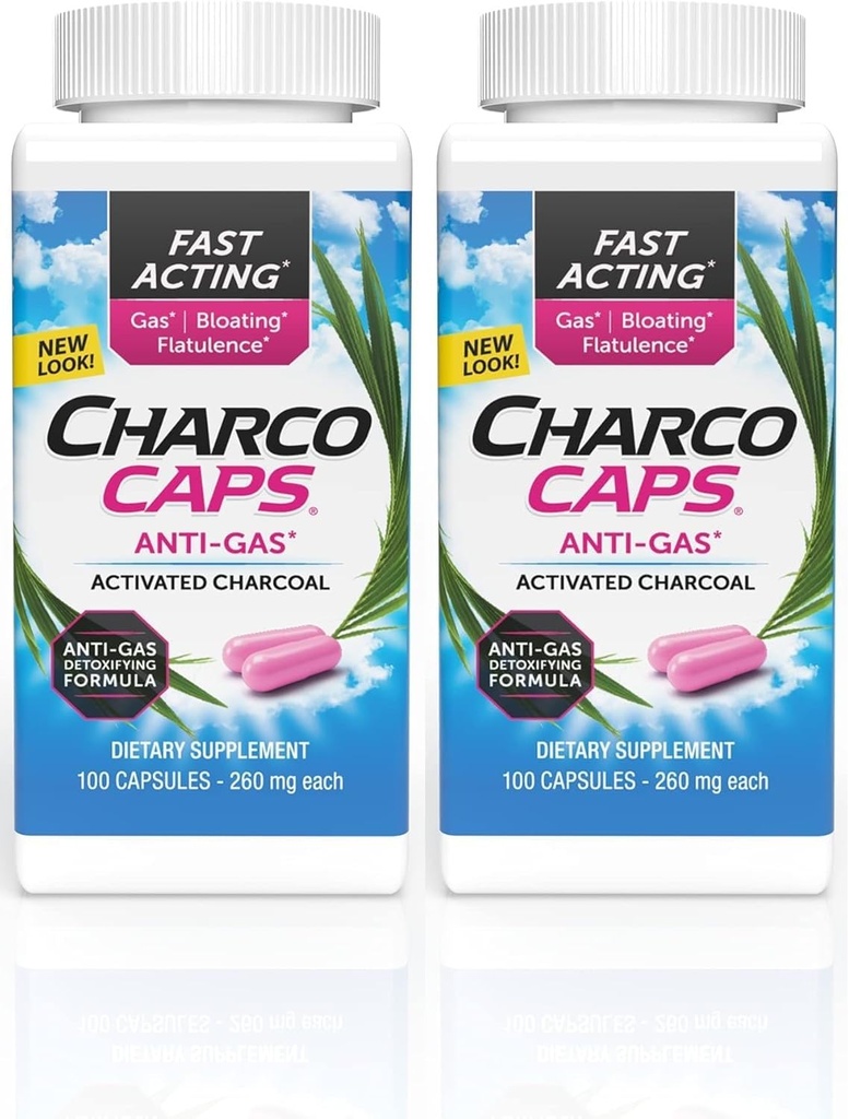 Charcocaps Rychlé chování plynu Relief pro floating & Flatulence, Drogy bez detoxikace Activated Charcoal Formule, 100 Kapsle, 30 denní dodávky, Pink- Pack of 2