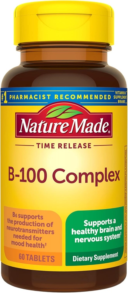 Nature Made Time Release Vitamin B-100 High potency B Complex, Dietní dodatek pro podporu funkce nervového systému, 60 Time Release Tablety, 60 Day Supply