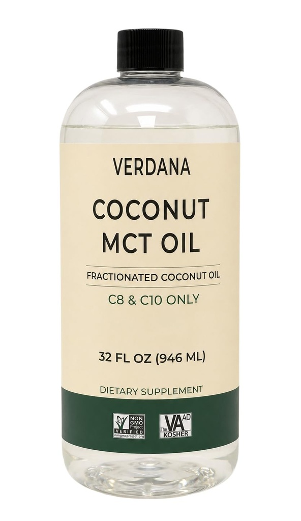 Verdana Food Grade MCT Oil 32 oz - pro Keto Coffee, Neochucené přírodní olej Pulling Mouthwash & Massage - 100% kokos odvozené frakční olej - střední řetězec Triglyceridy C8 C10 -Non- GMO, Kosher