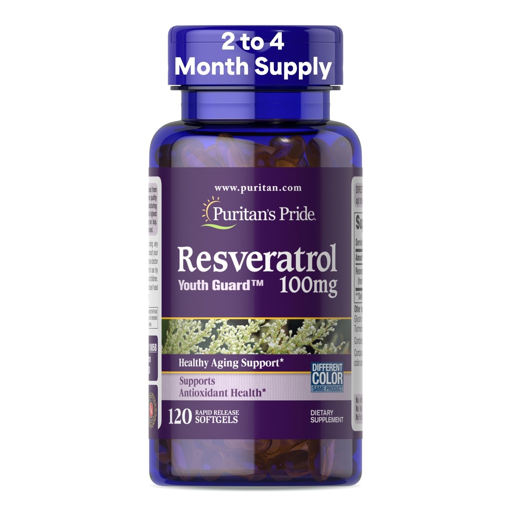 Puritan 's Pride Premium Resveratrol Youth Guard ™ 100mg, dodatek stravy pro imunitní systém, antioxidant, metabolismus cukru, krevní tok, a Cévní funkce podpora, 120 Rychlé uvolnění Softgels