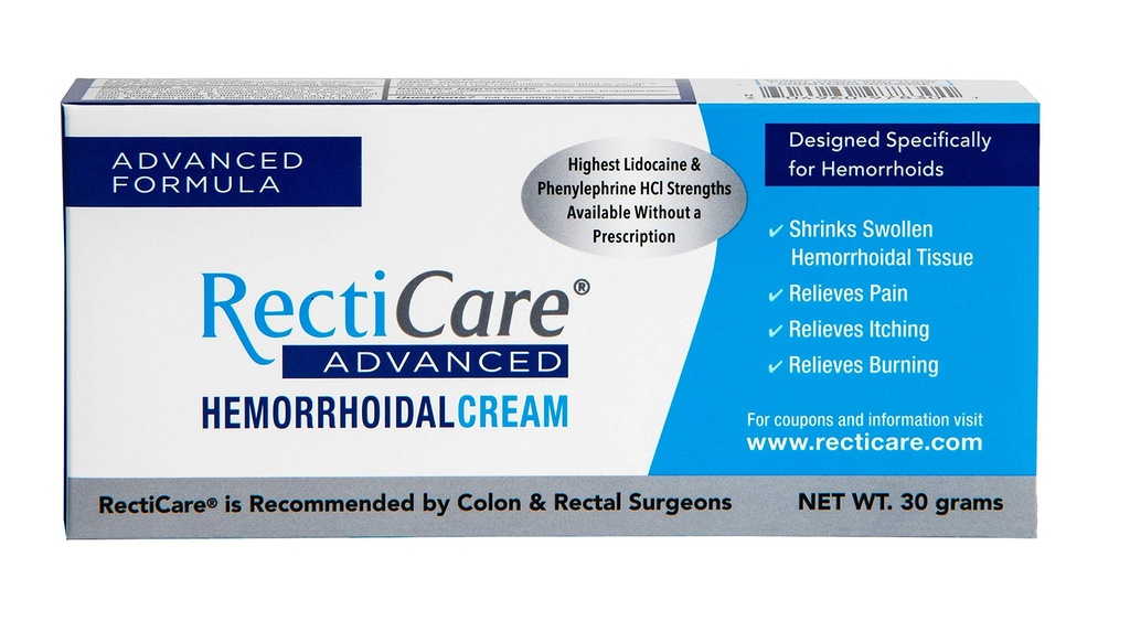 Recticare Advanced Hemoroidní krém: Pokročilá léčba k zmenšení a Soothe Hemoroidy - Svědění, bolest, popálenina - 30g Hemoroidní krém s lidokainem