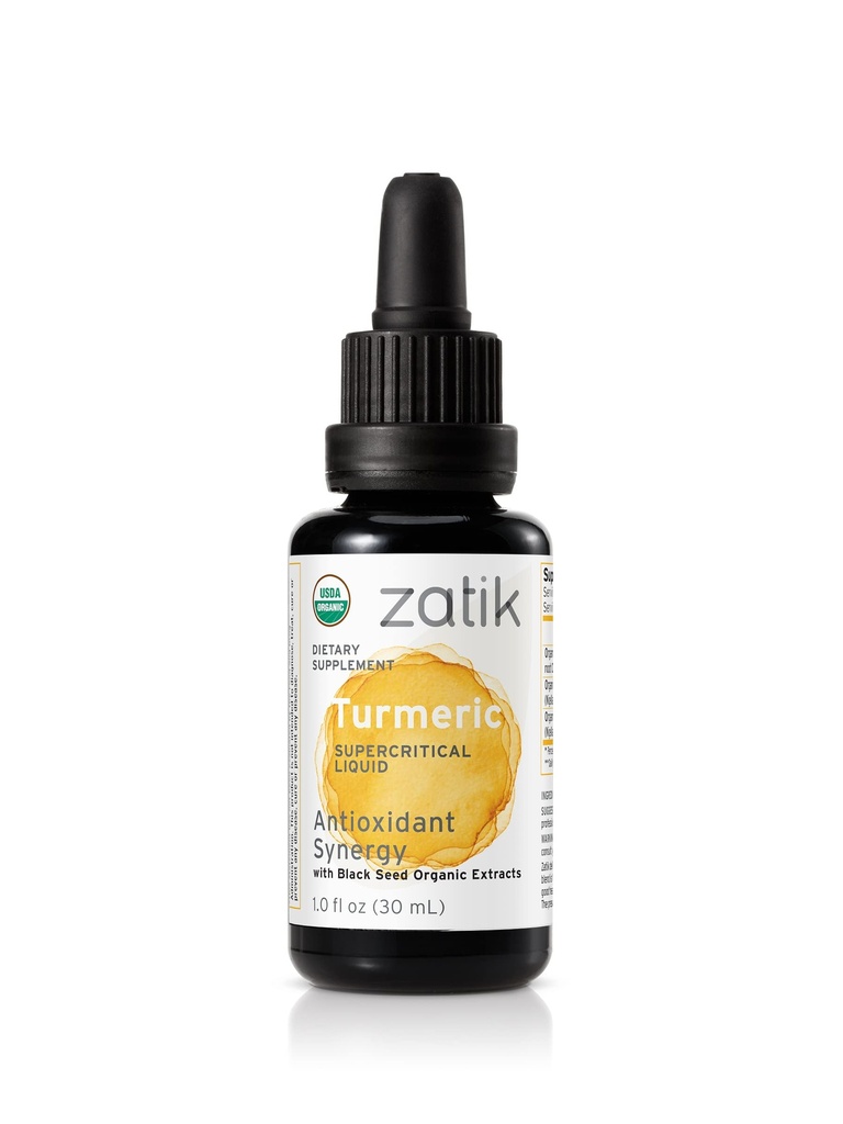 Zatik Naturals - Turmerická superkritická tekutá synergie s černým semenem Organic CO2 Extract, Antioxidant, Cold Pressed, Nerafinovaný olej, Vegan, Non- GMO, Organic, 1.0 fl oz.