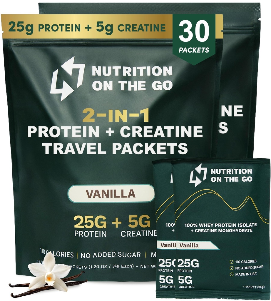 Nutrition On The Go Whey Protein Isolate Packets with Creatine - 25g Protein + 5g Creatine - Single- Serve Travel Protein Powder - Vanilla (30- Pack)