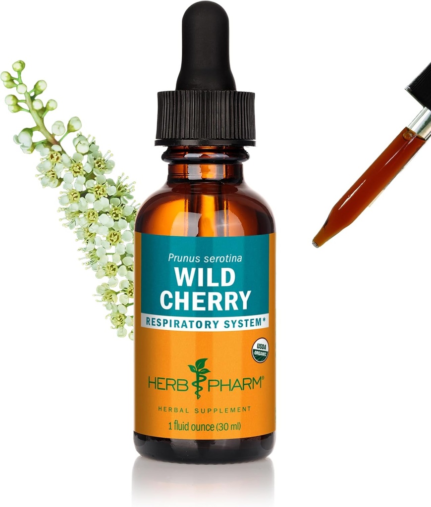 Herb Pharm Certified Organic Wild Cherry Bark Liquid Extract for Respirační podpora - 1 Ounce (DWCHER01)