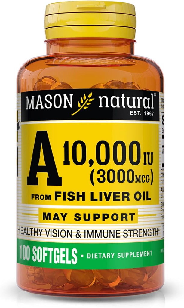 MASON NATURAL Vitamin A 3000 mcg (10 000 IU) z rybího játrového oleje, podporuje Vizi & Imunitní zdraví, 100 Softgels