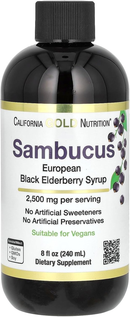 California Gold Nutrition Elderberry Syrup, Black Elderberry (Sambucus nigra) Juice Concentrate, Sezónní imunitní podpora, Žádné umělé konzervativy nebo Sweeteners, 2500 mg, 8 fl oz (240 ml)