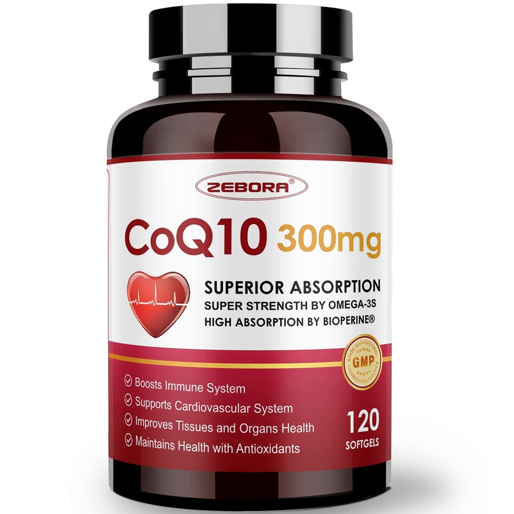 ZEBORA CoQ10-300mg-Softgels s PQQ, BioPerine & Omega-3, 120 Servings Coenzym Q10 (Ubiquinone) Dodatek pro high- Absorpce, Powerful- Antioxidant, Podpora Heart- Health & Energy- Production