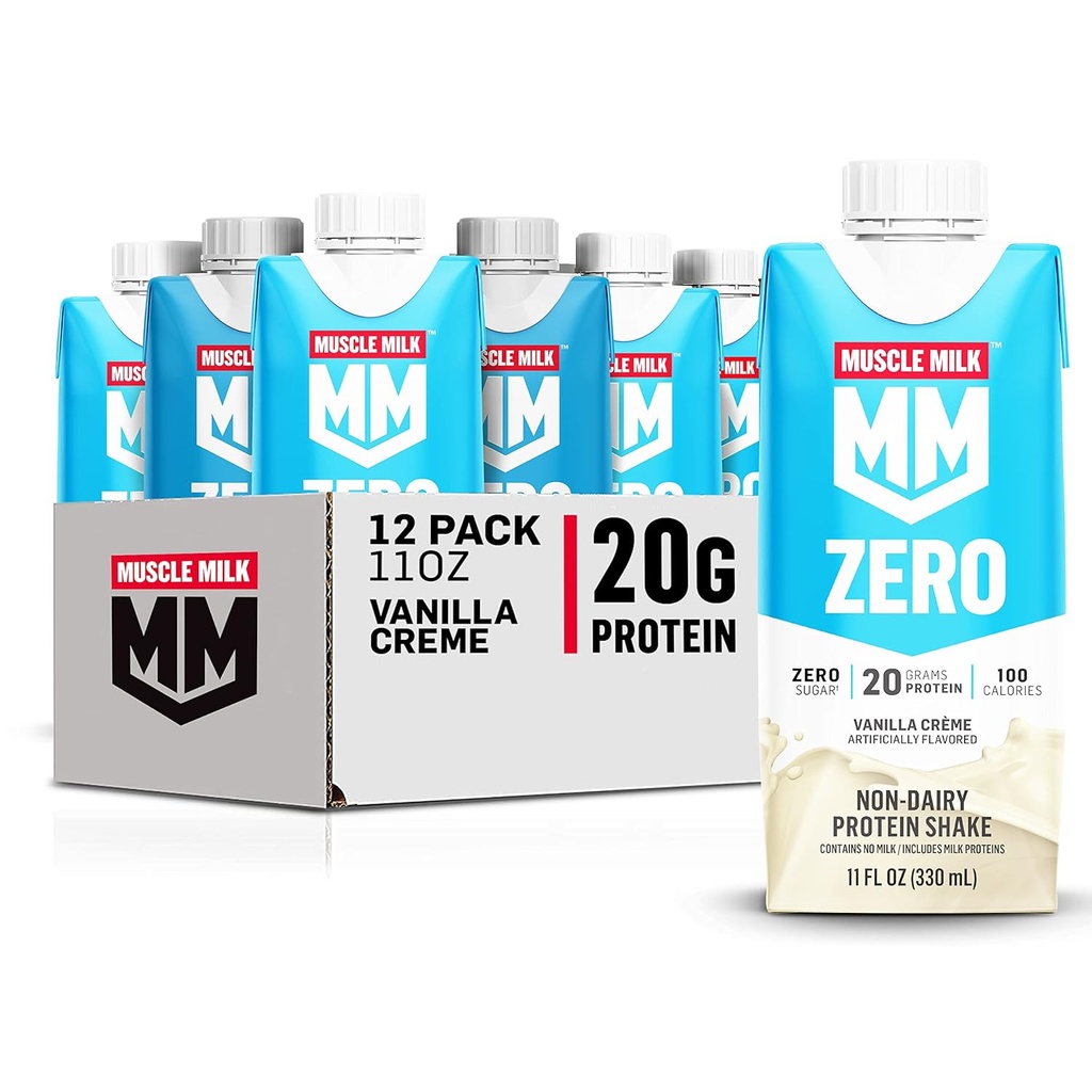 Muscle Milk Zero Protein Shake, Vanilla Crème, 11 Fl Oz Carton, 12 Pack, 20g Protein, Nulový cukr, 100 kalorií, vápník, vitaminy A, C & D, 4g Fiber, Energizing Snack, Balení květen Vary, 12 Počet (balení po 1)
