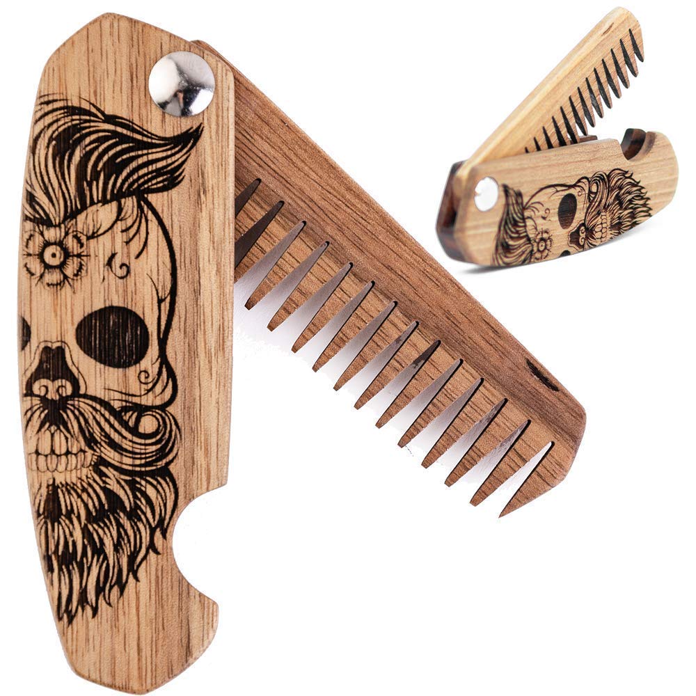 Vychutnejte si Dřevěné vousy Comb pro muže, skládací kapesní vousy příslušenství pro muže, zaryté Walnut Dřevěný Comb pro knírek, Vousy a vlasy pro něj (Half Skull)