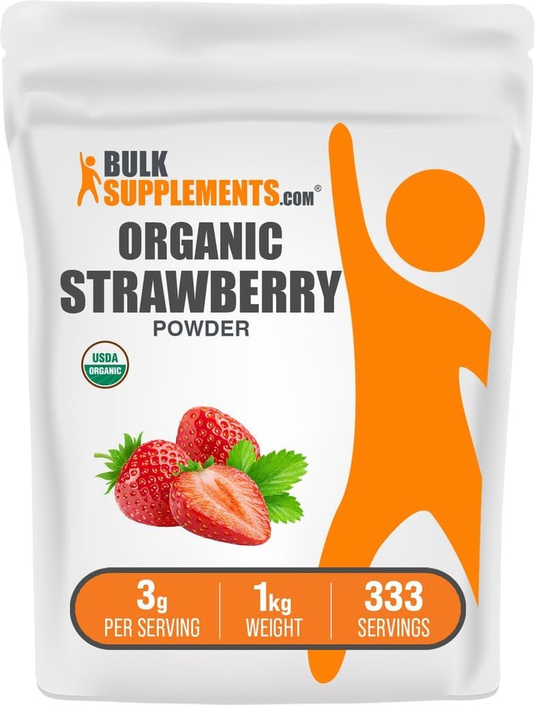 BulkSupplements.com Organic Strawberry Powder - Ovocný prášek z Organic Strawberry - No Sugar Added & Gluten Free, 3g per Serving, 1kg (2,2 lbs) (Balení po 1)