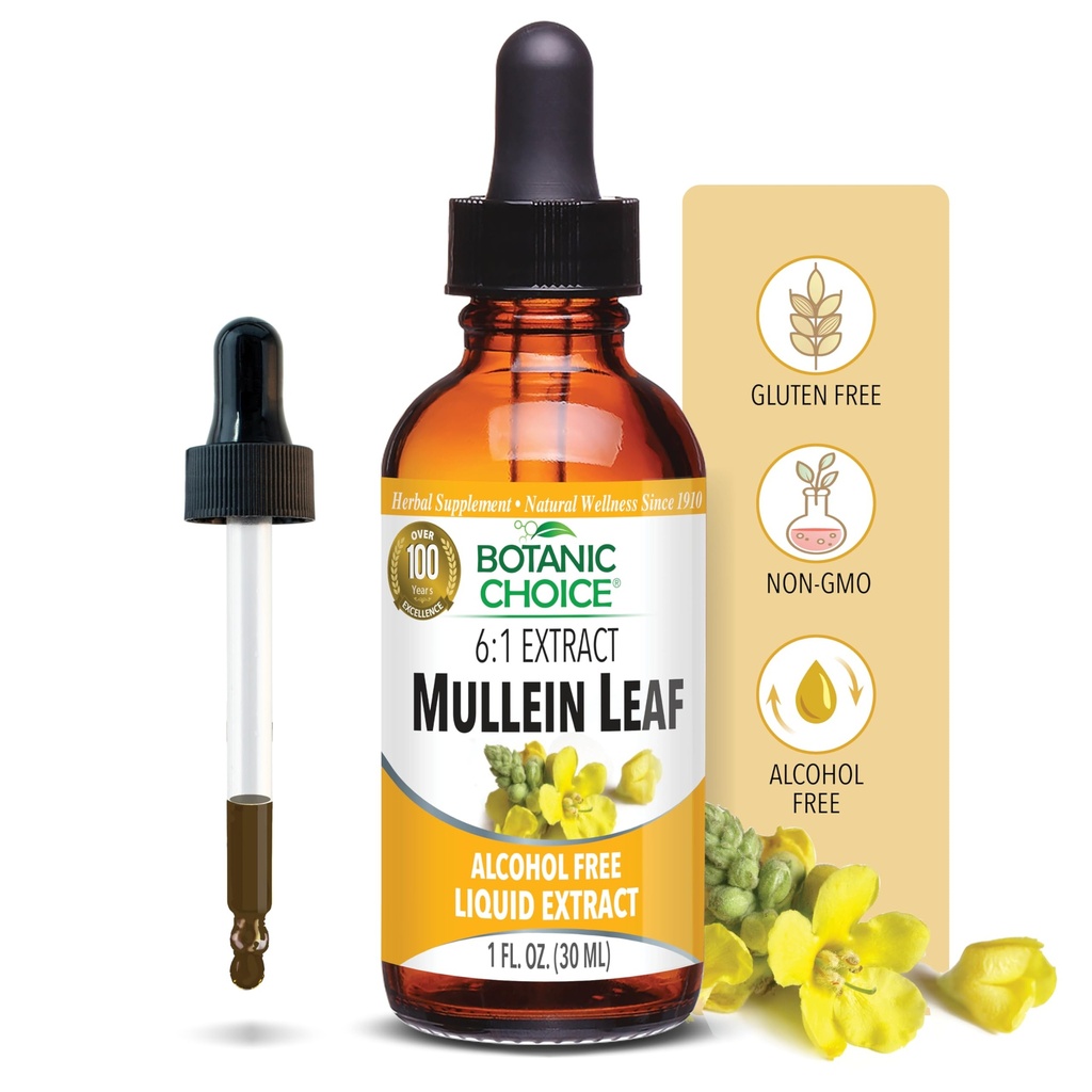 Botanická volba Mullein Leaf Liquid Extract, Alkohol zdarma, gluten zdarma, Tradiční Respirační Podpora 1 Fl. Oz.