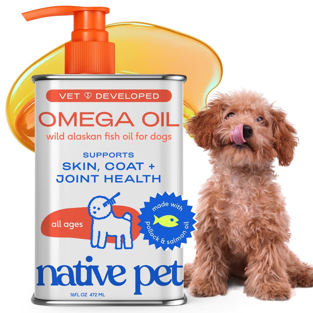 Native Pet Omega 3 Fish Oil for Dogs & Cats - Podporuje zdravou pleť, lesklý plášť, a silné spony - Vyrobeno s divokým aljašským lososem pro psy - Chutné, Fast- Absorbování Omega 3 6 9 Tekuté doplňky - 16oz