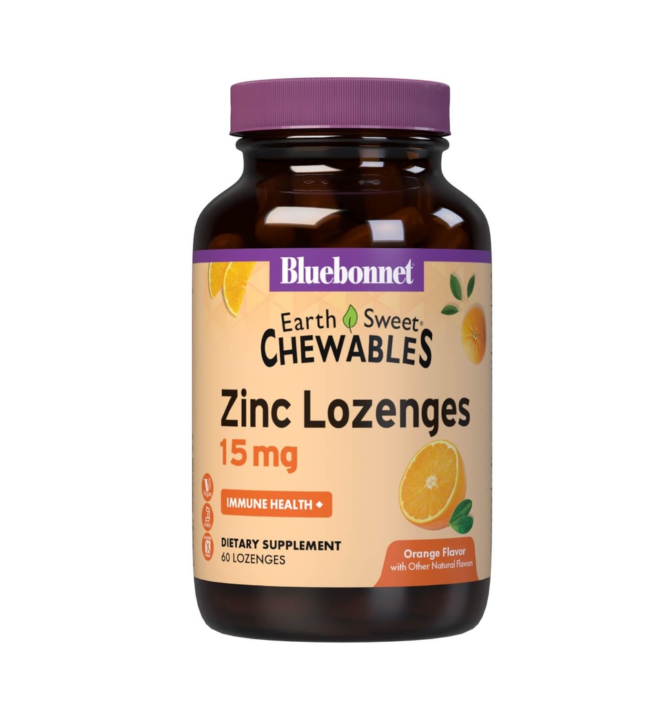 Bluebonnet Nutrition Earthsweet Zinc Lozenges 15 mg Chewables, Plus 100mg vitaminu C, Soy- Free, gluten- Free, Kosher Certified, Dairy- Free, Vegan, Orange Flasured, 60 Lozenges