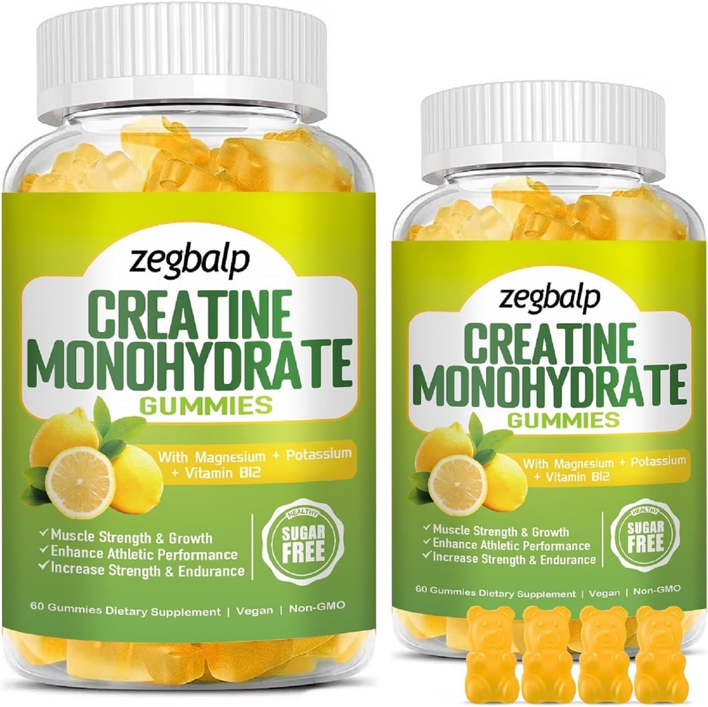 Sugar Free Creatine Monohydrát doplněk Gummie pro muže a ženy Creatine Monohydrát s hořčík a vitamin B12 pro svalovou sílu & růst, Energy Boost, Pre- cvičení doplněk, 120 Počítá