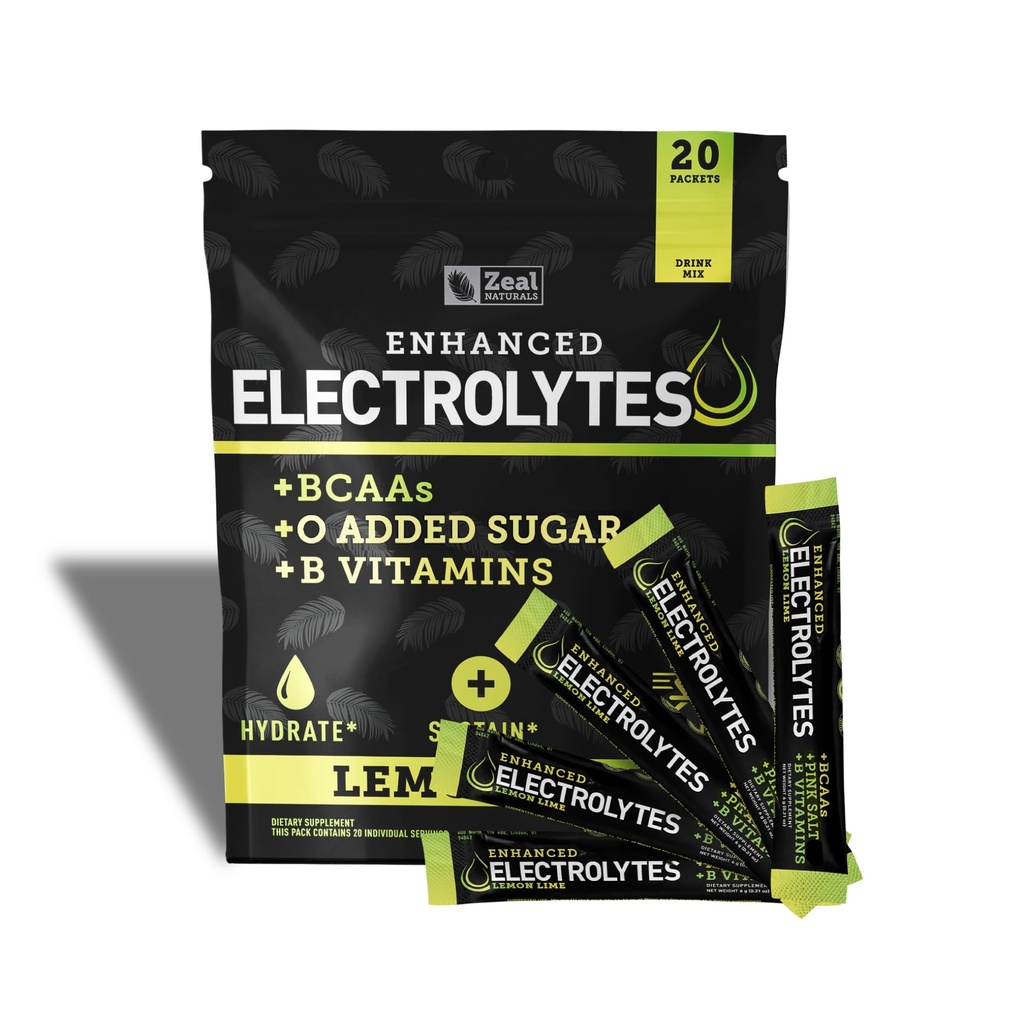 Vylepšené Electrolyte PowStick Packs (Lemon Lime 124; 20 Packets) w / 0 Cukr + BCAA + B-Vitamíny Electrolyte Supplement w Draslík Zinek & Magnesium pro hydrataci - Keto Electrolytes