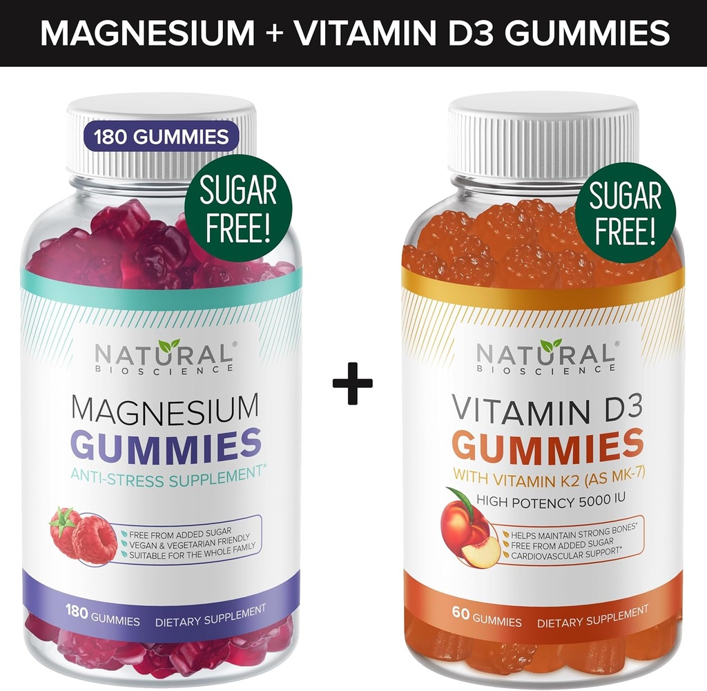 Sugar- Free Magnesium Gummies (180 Gummies) & Sugar- Free Vitamin D Gummies (60 Gummies) - imunitní podpora & Relaxation Value Bundle, Gelatin- Free, gluten- Free, Vegetarian, All Natural, GMO- Free, Kosher