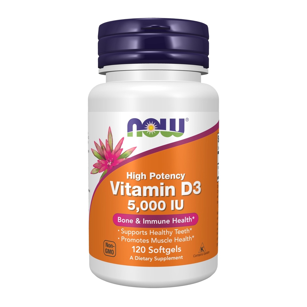 Nyní Potraviny doplňky, Vitamin D-3 5000 IU, Vysoká účinnost, Strukturální podpora *, 120 Softgels