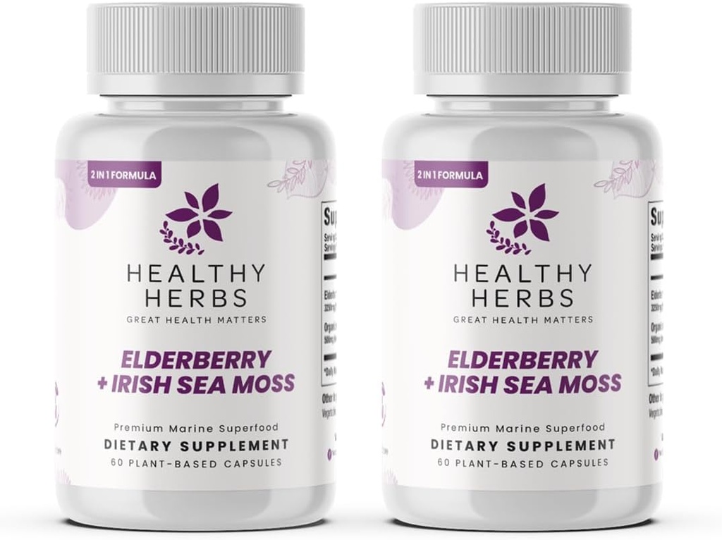 Zdravé Byliny Wildcraft Elderberry Moss Kapsle 124; 2600mg Irské moře Moss + Elderberry Essentials Blend 124; US- Made, Vegan, Non- GMO, Easy- Swallow (2- Pack)