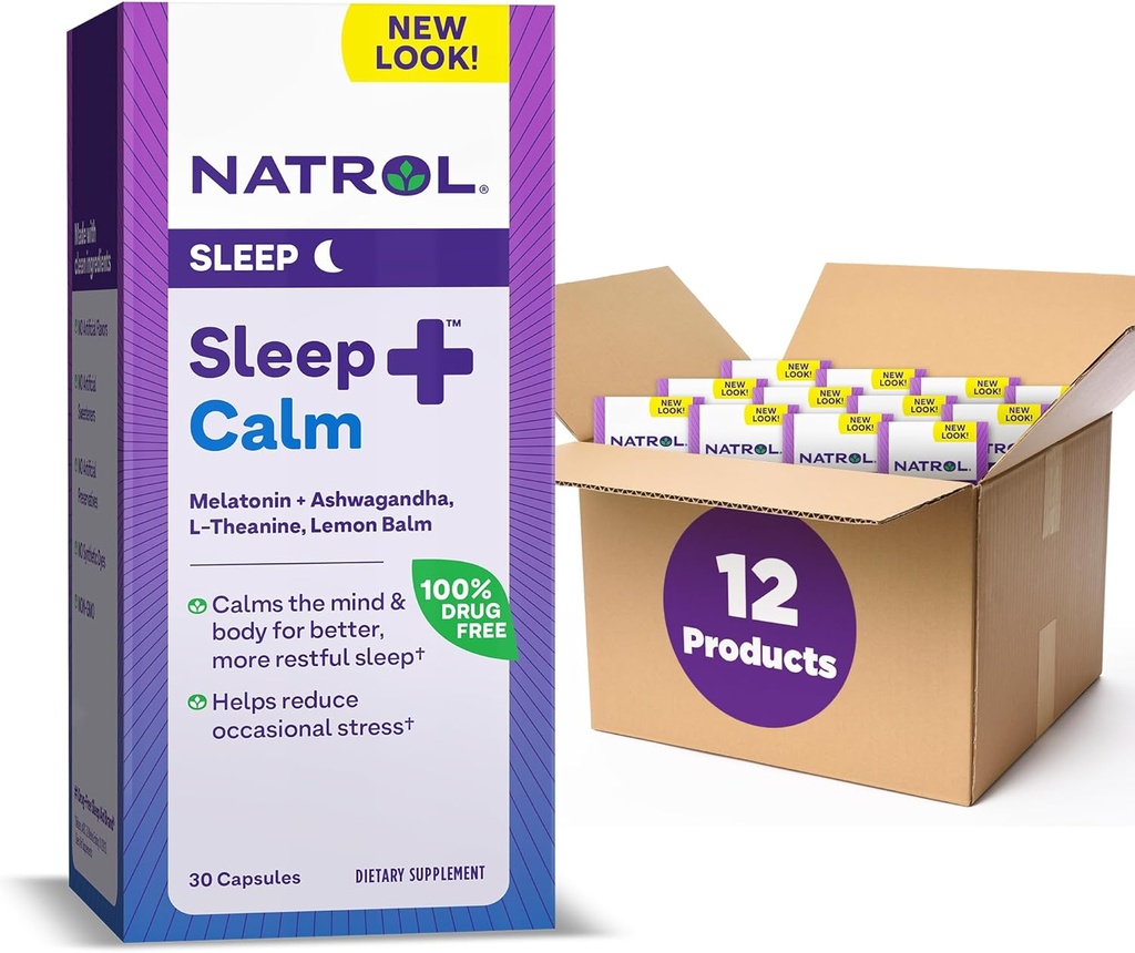Natrol Sleep + klid Melatonin 6 mg s Ashwagandha, L-Theanine a Lemon Balzám, Dietní dodatek pro klidný spánek a uklidnit mysl, 30 Kapsle, 30 denní zásoba (balení po 12)