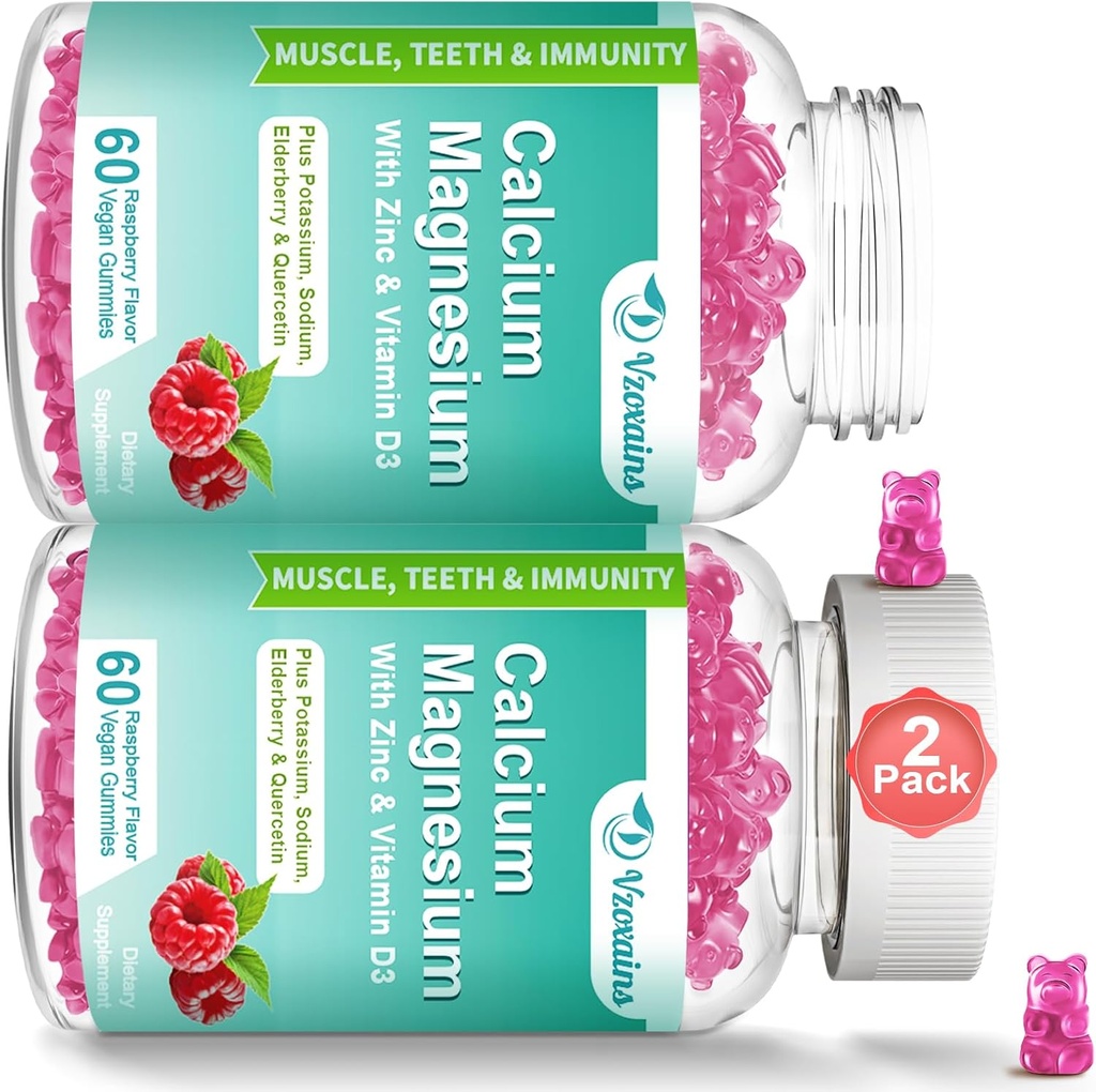Vysoce absorpční vápníkové gumy, hořčík hořčík zinek s magnesium- glycinát, draslík, vitamin D3 pro ženy a muže - Malina Ochucené 120 Cts