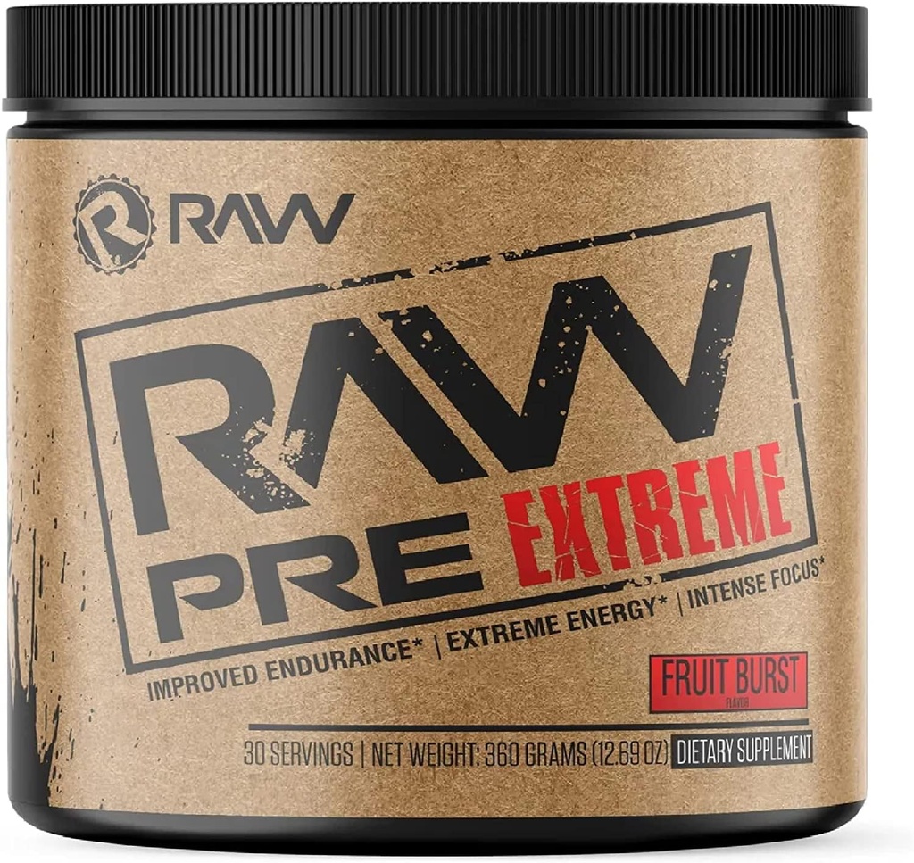 RAW Precvičení Extrémní 124; High Stimulant Prework Powder Drink, Extreme Energy, Focus a Endurance Booster 124; Výbušná síla a čerpadlo během cvičení pro Max Gains 124; Ovoce Burst (30 Služeb)