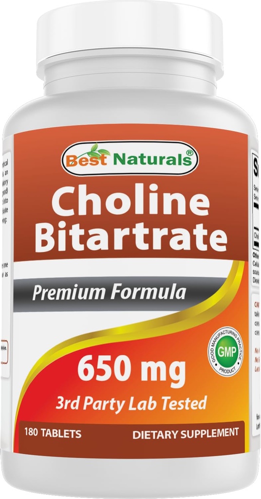 Nejlepší Naturals Choline Bitartate 650 mg (Non- GMO) pro zdravou kognitivní funkci mozku 180 tablet