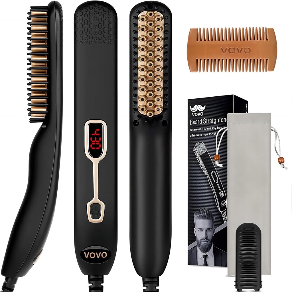 VOVO Beard Straightener Comb Upgrade Professional 2 v 1 Men 's Beard Straighthing Vyhřívané vlasy Zrychlení kartáč Portable Anti- Burn 6 Teplota nastavitelné s LED displej pro domácí a cestovní