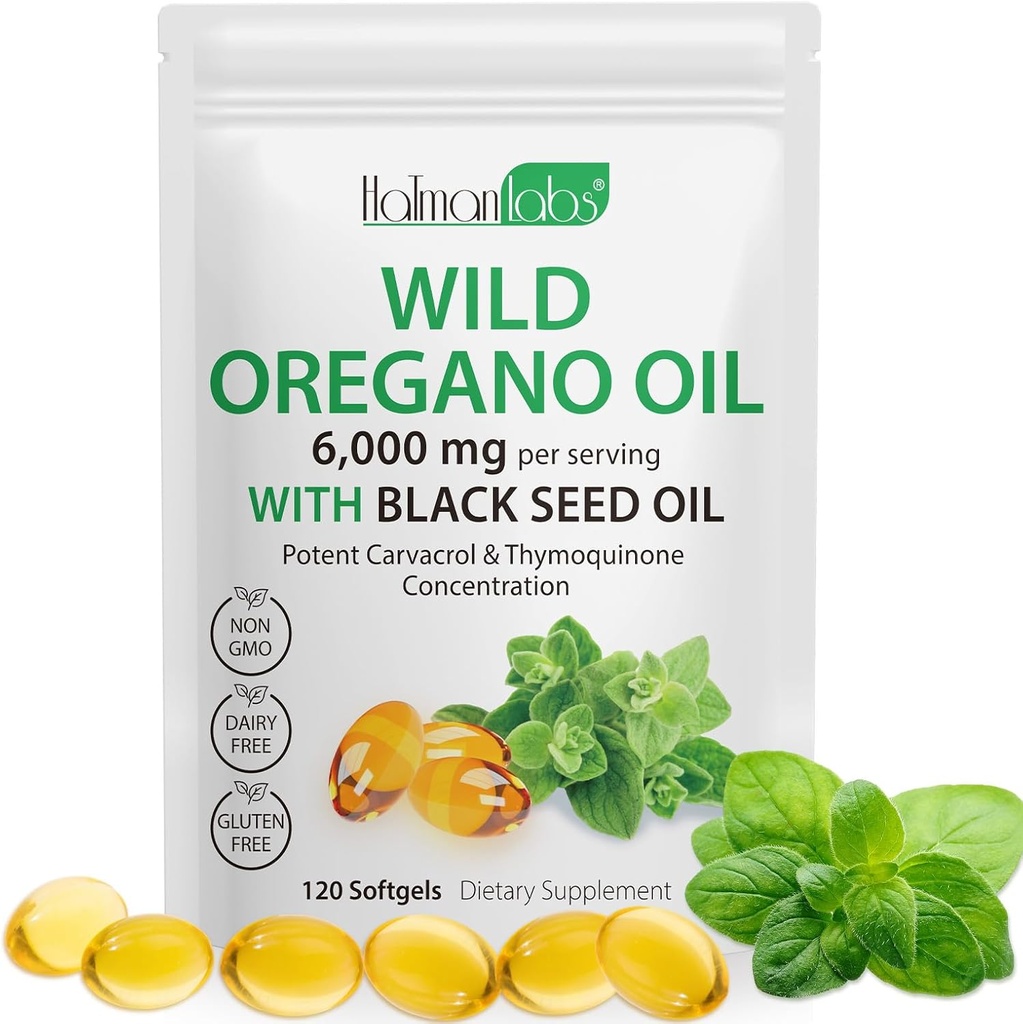 Oregano Oil Kapsle, 2 v 1 6000mg Oil Oregano s černým semenným olejem, Wild Oregano Oil Imunity and Antioxidant Support, Non- GMO, Gluten Free, 120 Softgels (1 sáček)