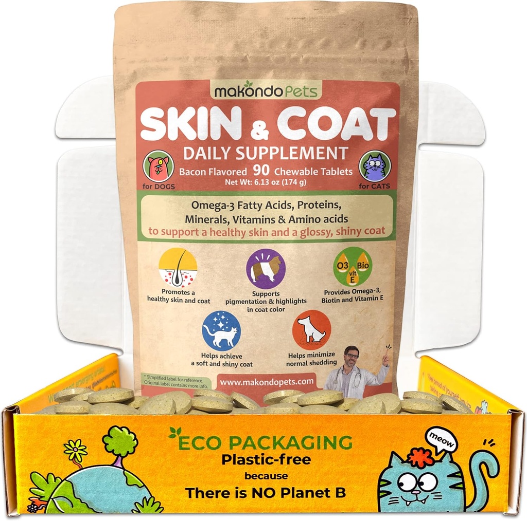 Kožní a coat dodatek s Fish Oil a Omega 3 pro psy a kočky - Dog Itch Relief Pet dodatek pro svlékání, suché svědění kůže a alergie - Psí alergie Léčba Vitamíny (90 Tabs)