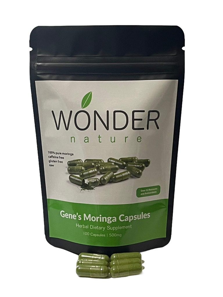 Gene 's Moringa Fine Green Powder 100 Veg. Kapsle, High potency, Energy Focus and Alert, Zvýšení imunitního systému