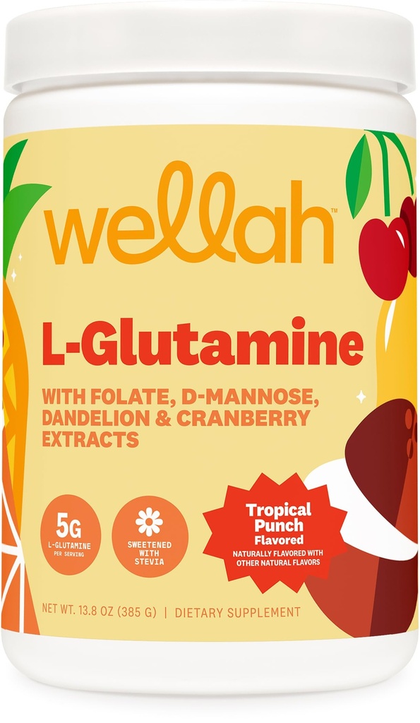 Wellah L- glutamin Powder Tropical Punch (50 Servings) - 5g L- glutamin Per Serving, Sweeced with Stevia