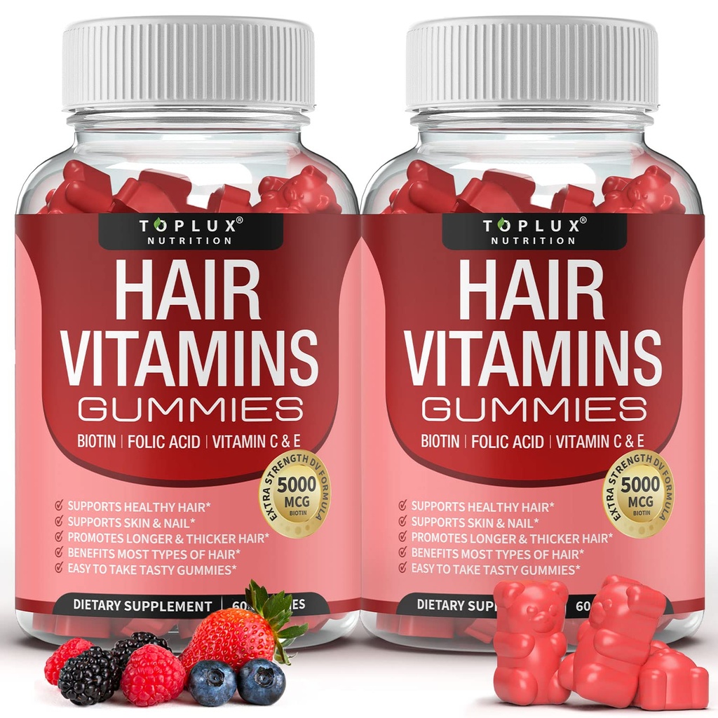 Vlasové vitamíny Gummies dodatek - Rychlejší růst vlasů Gummy 5000mcg Biotin, kyselina listová, vitamín C & E, podpora silnější a silnější vlasy, kůže, nehty, Non- GMO, pro muže ženy, 60 Berry ochucené gumy