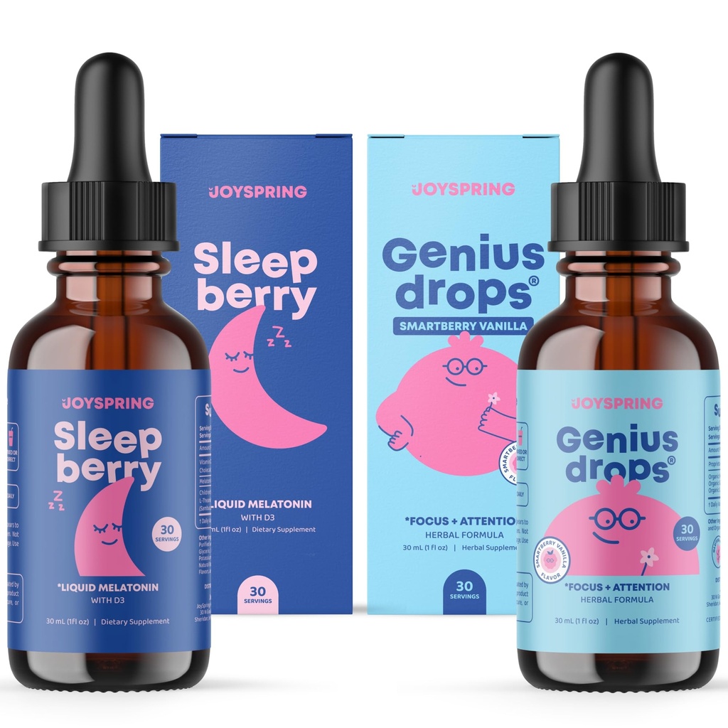 JoySpring SleepBerry Liquid Melatonin a Genius kapky Smartberry Vanilla pro děti