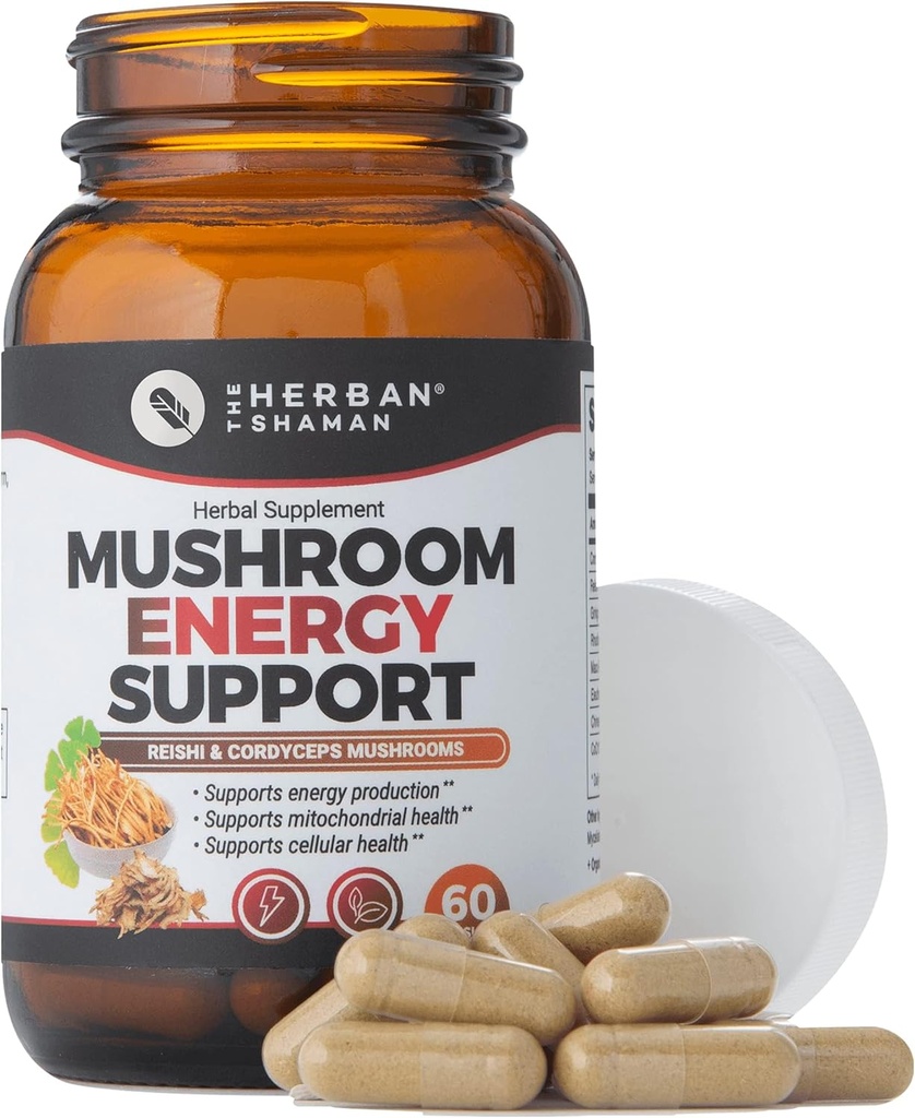 Houbový dodatek Podpora energie 124; Organické houby Bylinné Kapsle s Reishi, Ginkgo, Rhodiola, Maca, čínské ženšen, CoQ10 + více (60 Kapsle)