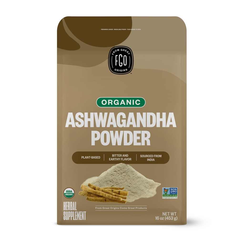 FGO Organic Ashwagandha Root Powder, 16oz Resealable Bulk Bag, Non-GMO, Indian Ginseng, Witania Somnifera, Sourced from India (balení po 1)
