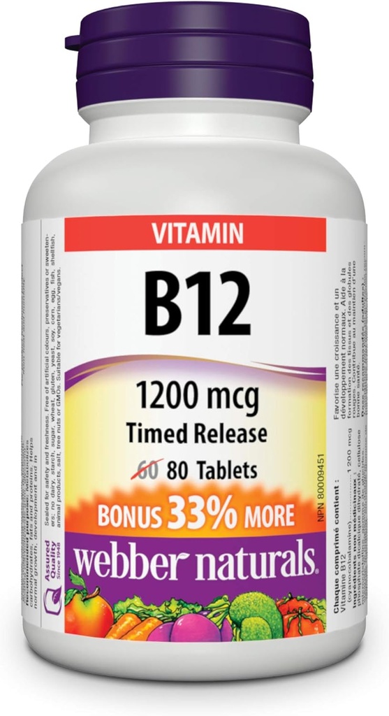 Webber Naturals Vitamin B12 Časované uvolnění 1200mg 80 Tablety